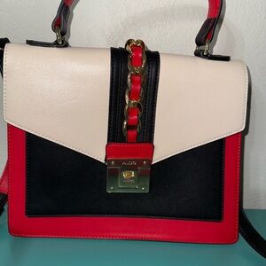 Aldo Cream, Black, and Red Satchel